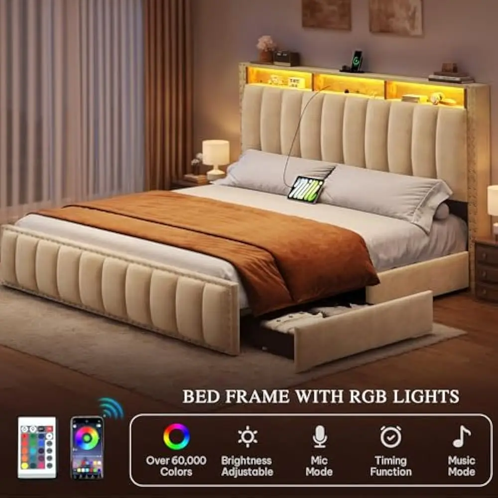 LED-Bettgestell in voller Größe mit 4 Schubladen und RGB, Plattformbett und Ladestation und Kopfteil mit Stauraum, kein Boxspringbett erforderlich