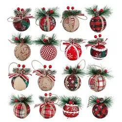 4pcs 6cm Red Plaid Christmas Ball Wrapped Cloth with Berry Foam Ball for Home Xmas Tree Hanging Pendants Navidad New Year 2023