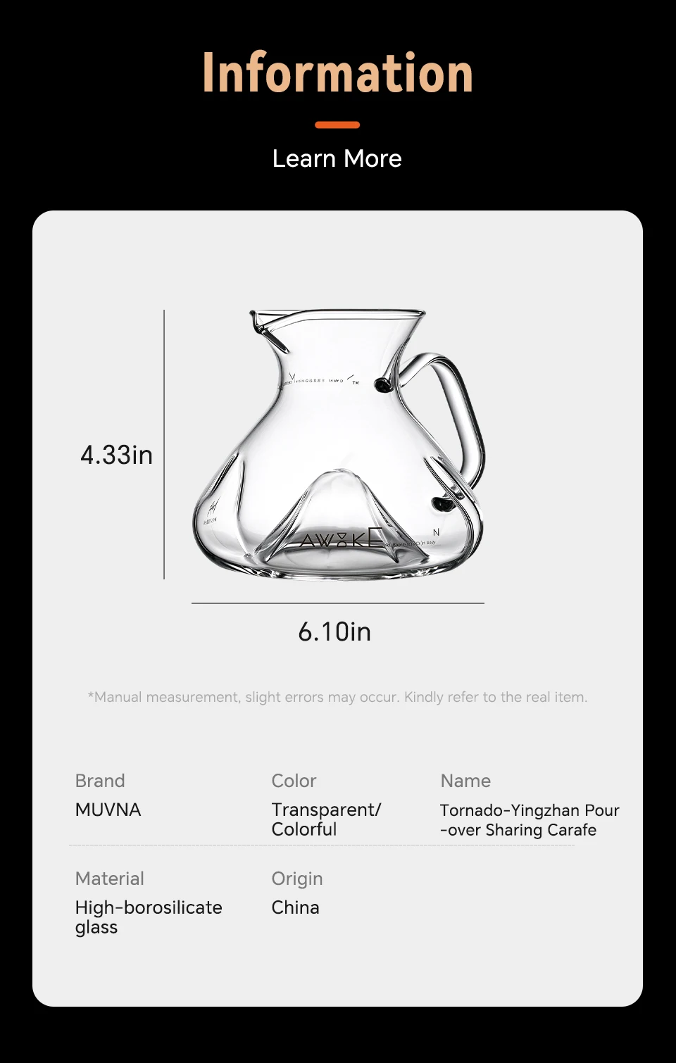 MUVNA Tornado Glass Coffee Server 450ml-Barista Grade Hand Drip Carafe,Leak-Proof Spout,Heat-Resistant for Pour Over/Iced Brew