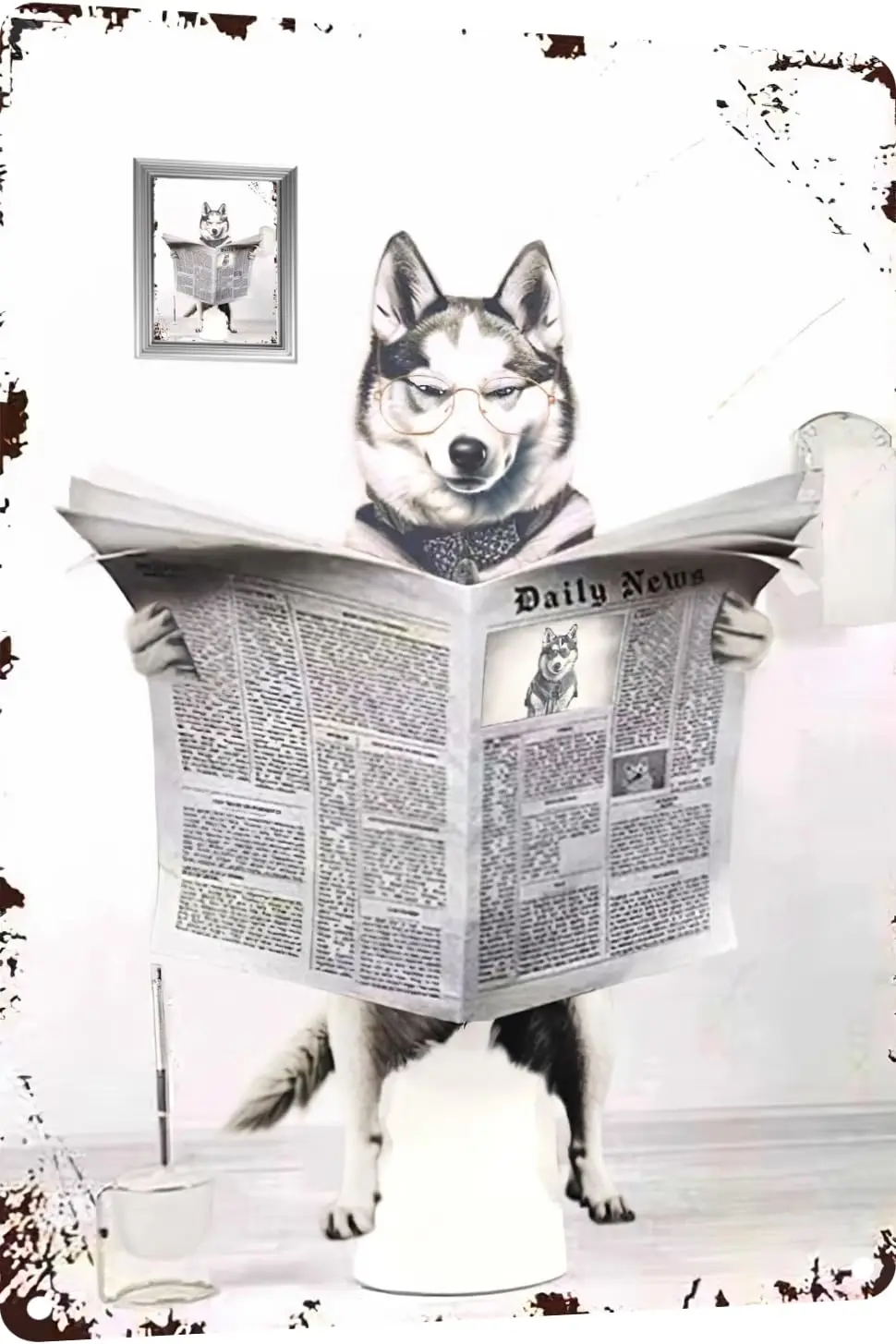 Metal Tin Sign Vintage Husky Toilet Reading Newspaper Humour Funny Animal Whimsy Animal for Home, Bathroom and Toilet Wall Decor