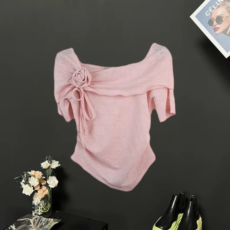 Fashionable Sexy Summer New Women's Solid Color Square Neck Patchwork Elastic Ruched Tie Flowers Slim Short Sleeve T-shirts Tops