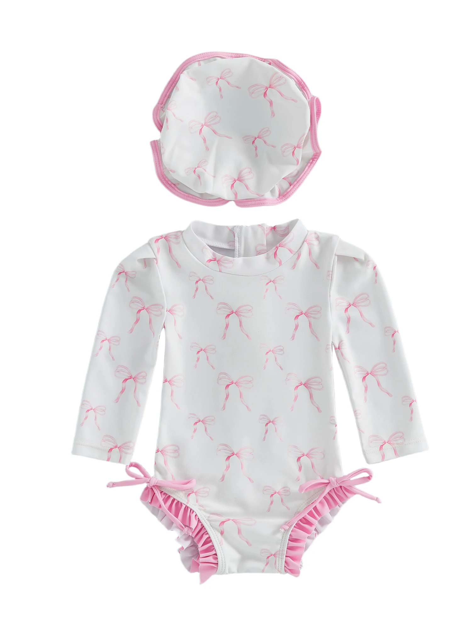 

Купальник для маленьких девочек с длинными рукавами, цветочным принтом в горошек и рюшами, с шляпкой от солнца для отдыха на пляже и в бассейне