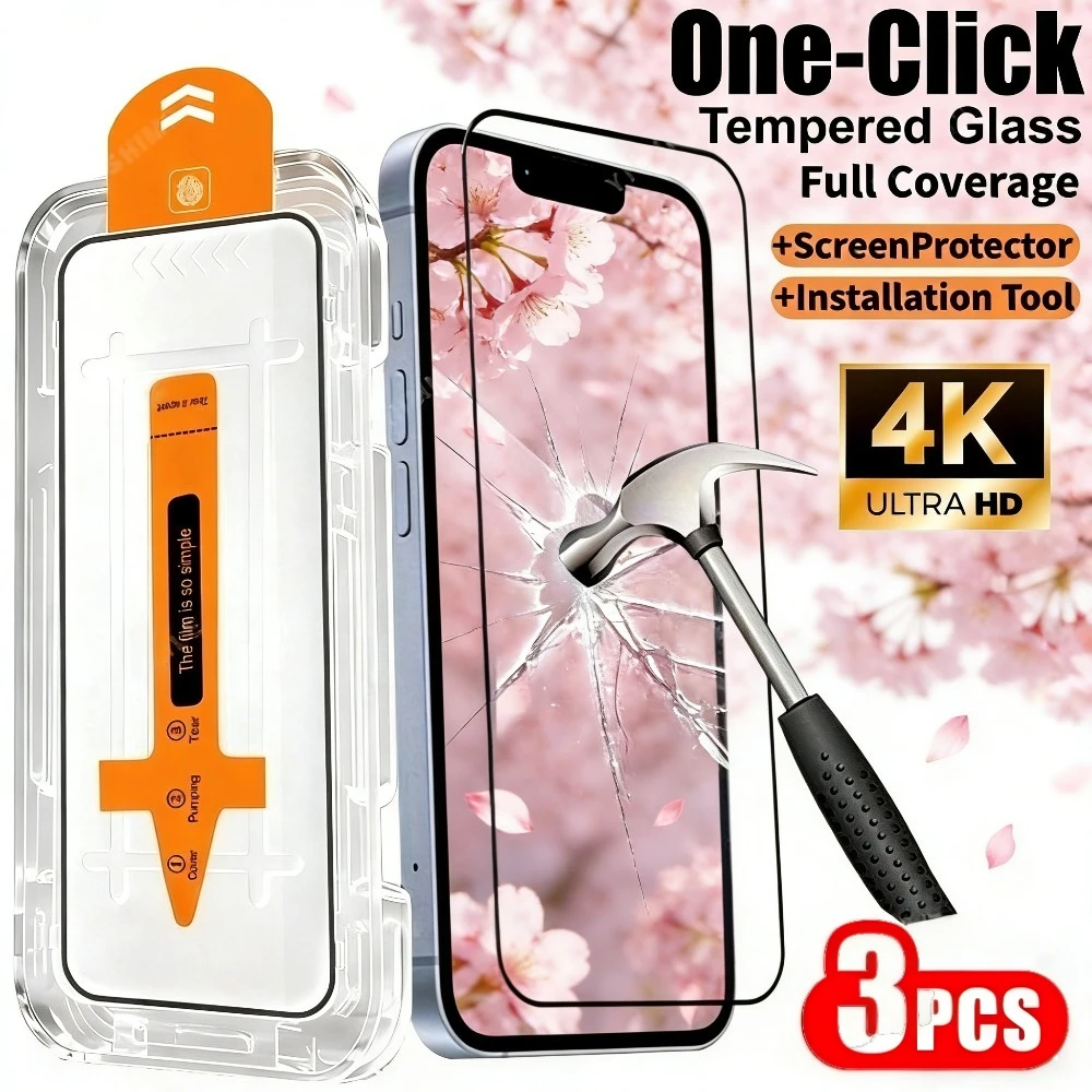 

3Pcs Full Cover Tempered Glass for iPhone 17 16 15 14 Pro Max Air 17e 16 15 Plus 13 12 11 Pro Dust Free Installation Protector