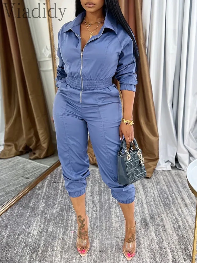 

Women's Sexy Solid Color Zipper Front Trun-down Collar Long Sleeve Cargo Jumpsuits Rompers