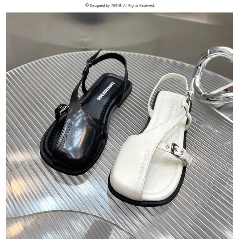 2024 Summer New Baotou Hollow Soft Leather Flat One Word Buckle Casual Fashion Women Sandals Sandals  Platform Sandals