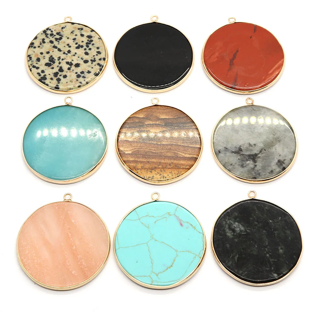 1pc 14 colors Flat Round Shaped Pendants Natural Semi-precious Stone Gold Color Edge DIY for Making Necklace Earrings 40mm