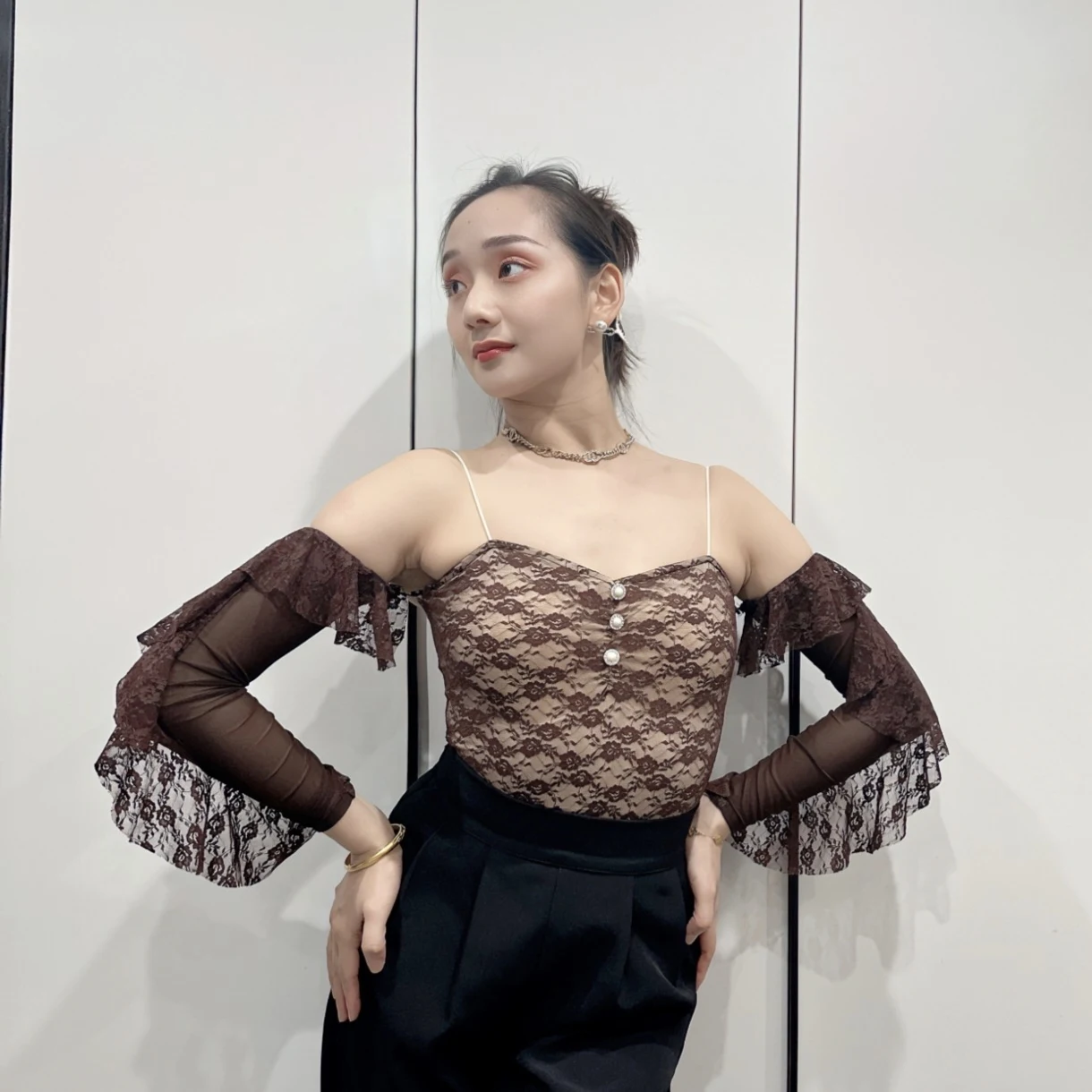 جديد المرأة اللاتينية الرقص القمم الدانتيل الكشكشة الأكمام قاعة الرقص ممارسة أداء الملابس الكبار نادي الرقص الملابس DNV25656 #2