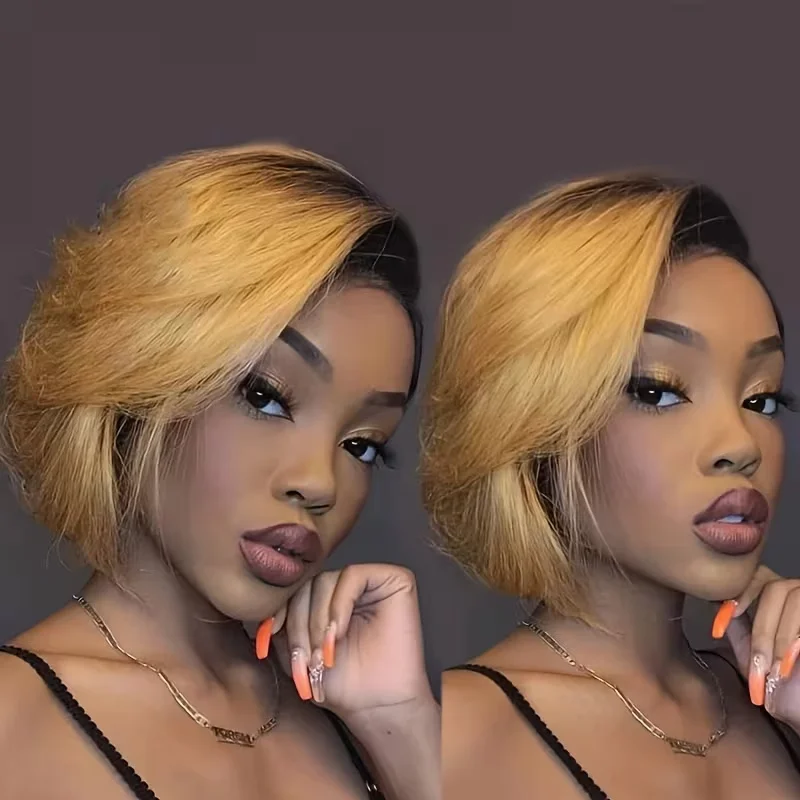 

1B/27 1B/T30 1B/T4 1B/99J Ombre Color Straight 13x4 Transparent Lace Frontal Pixie Cut Short Remy Human Hair Wig