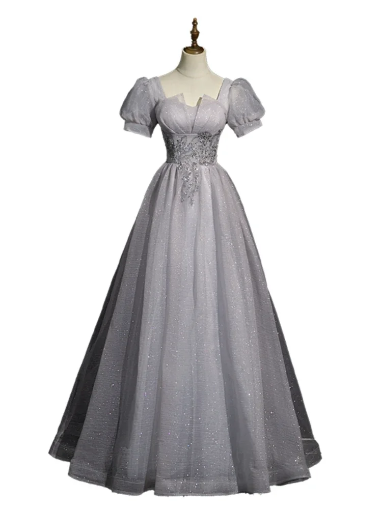 High-end evening dress female banquet host graduation ceremony light luxury niche French high-end chorus performance gray