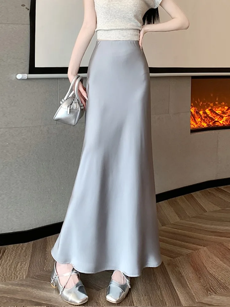 2025 Spring and Summer New Silky Satin Drape Mid-Length Skirt High Waist Slimming Versatile Fishtail Skirt Long dress Women