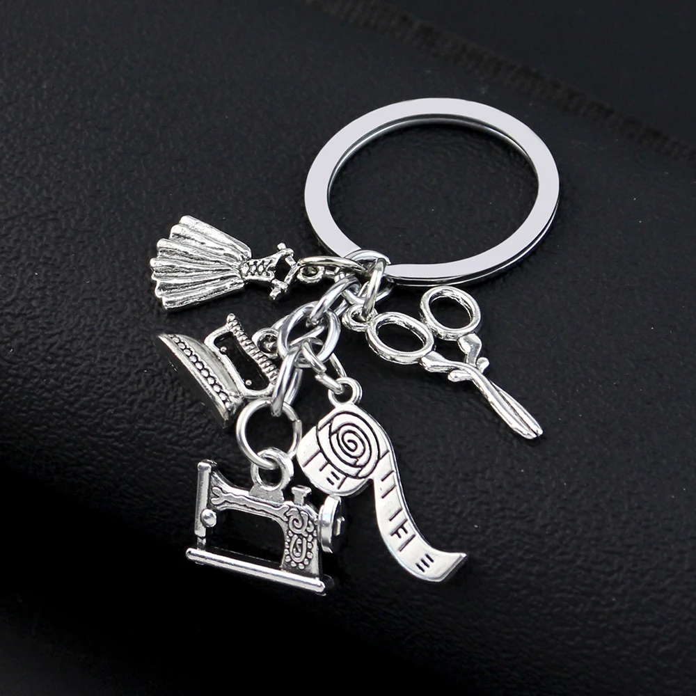 New Sewing Machine Keychain Tailor Keychain Iron Tape Measure Scissors Dress Keychain Ladies Gift DIY Jewelry Handmade