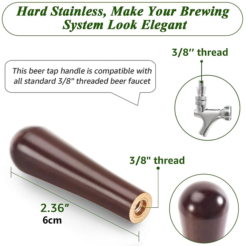 Newest 2 Pcs Soild Wood Beer Tap Handle with 3/8'' Thread,3'' Brown Cylinder Beer Faucet Handle for Homebrew Kegerators and Bars