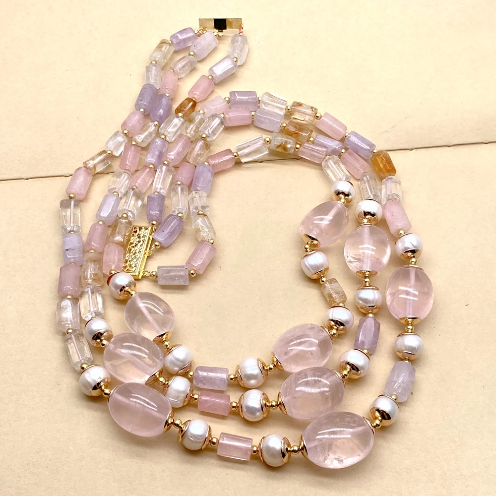 3 Strand Multilayer Real Amethyst  Pink Rose Quartz Citrine Quartz faceted tube  Necklaces Women Elegant Gifts