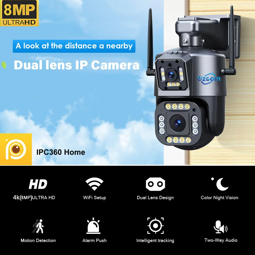 4K 8MP IP Camera Outdoor WiFi PTZ Dual Lens Dual Screen Auto Tracking Waterproof Security Video Surveillance IPC360 Home