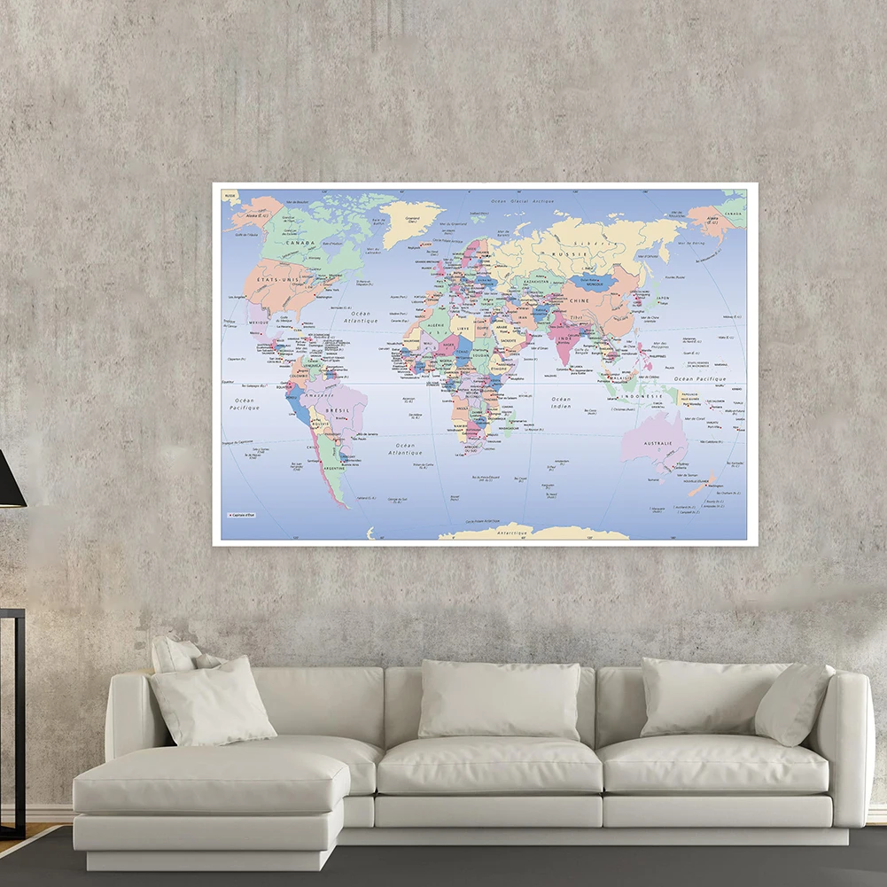 Grande Affiche de la Carte du Monde en Français, Peinture Non Tissée, Décoration Murale, pour la Maison, le Bureau, Fournitures Scolaires, 225x150cm