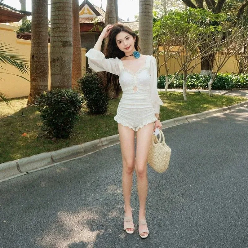 Elegant transparant badpak voor dames, lange mouwen, high-end curve-flatterend eendelig, grote maten, vriendelijk voor hete lente-strandvakantie