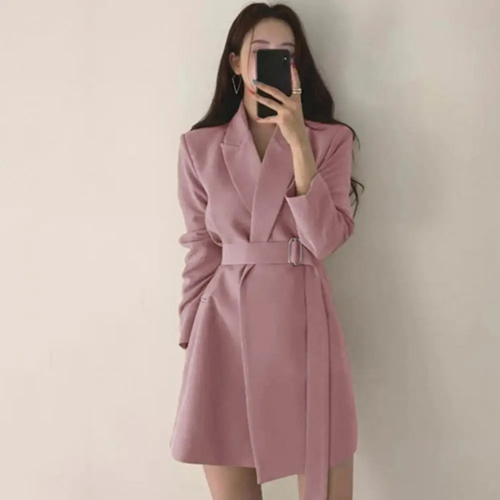 Belt Suit Jacket Elegant Lapel Suit Coat for Women with Belt Long Sleeve Office Lady Outwear Solid Color Loose Fit Jacket