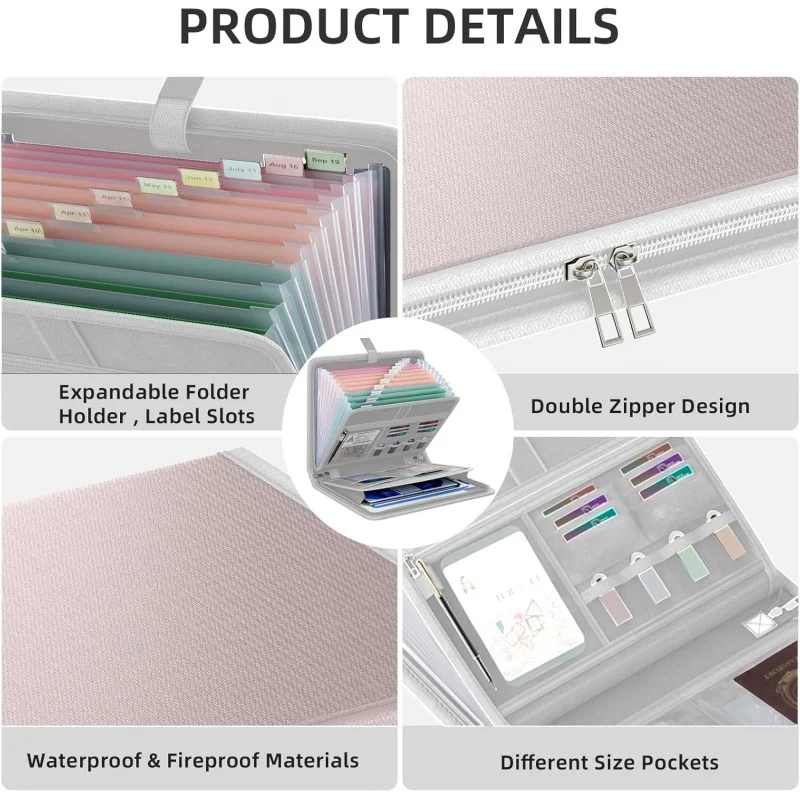 Fireproof Accordion File Organizer, Portable Expanding Folder with Waterproof Zipper&Labels, Gray Document 1