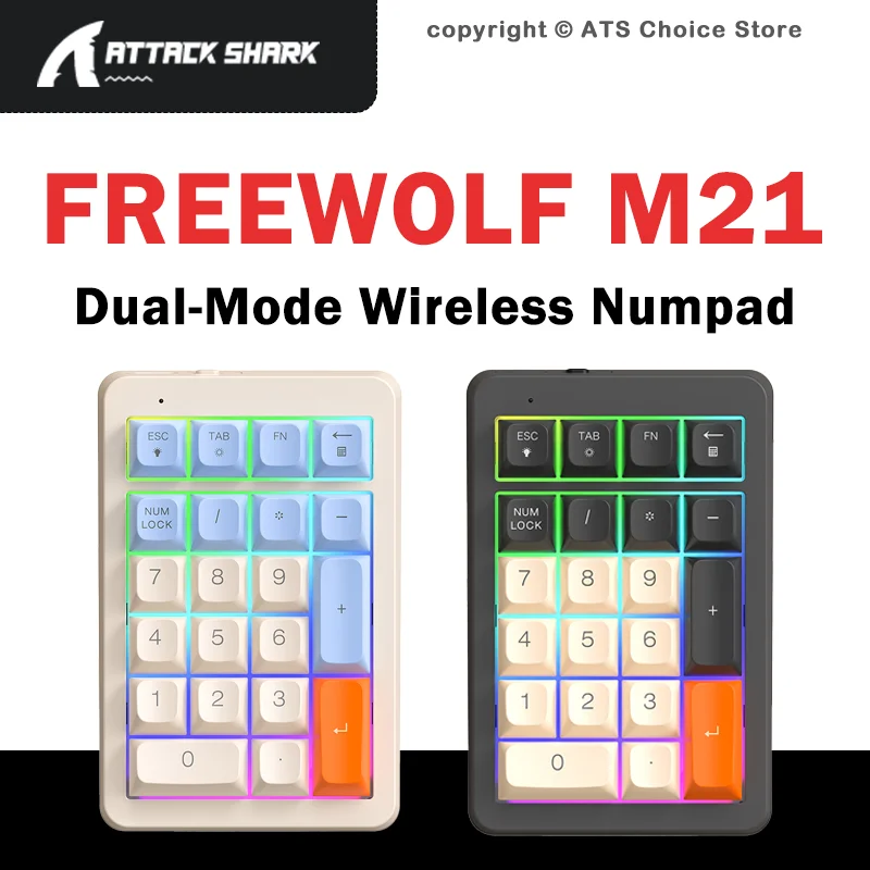 FREEWOLF M21 Wireless Numeric Keypad 21 Keys Bluetooth 2.4G Dual-Mode RGB Backlit Numpad for Finance Accounting Banking