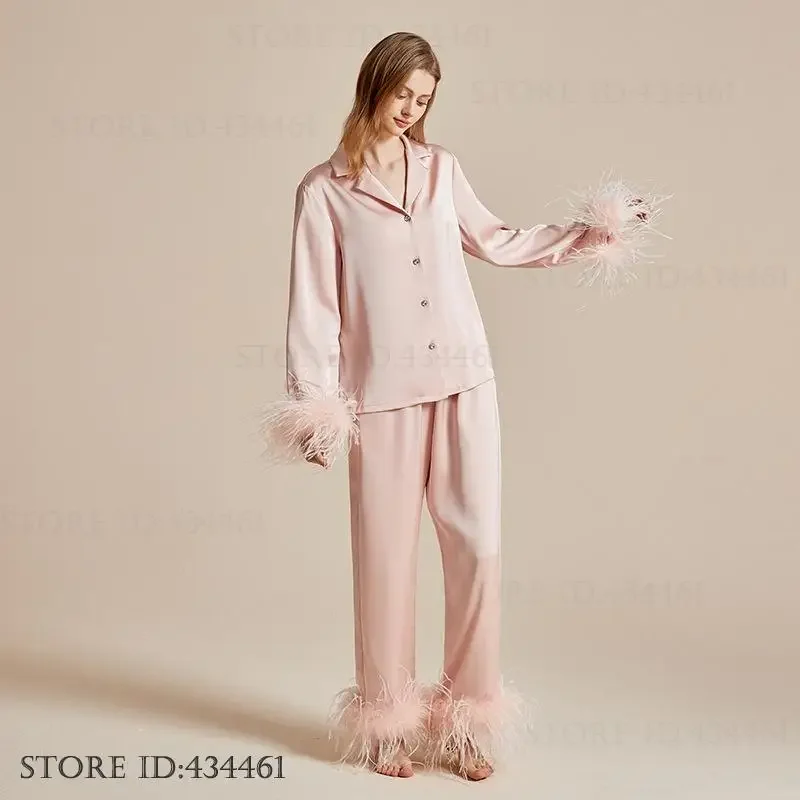 Luxury Feathers Pajamas Set Loungewear Fashion Lady Sleepwear Pijamas Suit Elegant Silk Satin Nightwer Pyjama New Home Clothing