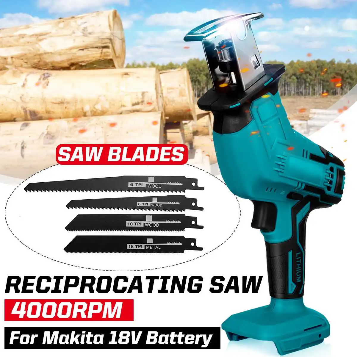 Cordless Electric Reciprocating Saw with 4 Blades Chainsaw Wood Metal PVC Pipe Cutting for Makita 18V Battery by VIOLEWORKS