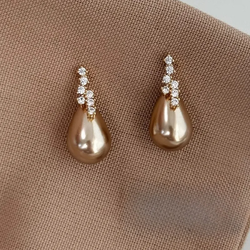 Korean new design fashion jewelry 14K gold plated simple zircon champagne drop pearl earrings elegant women's daily accessories