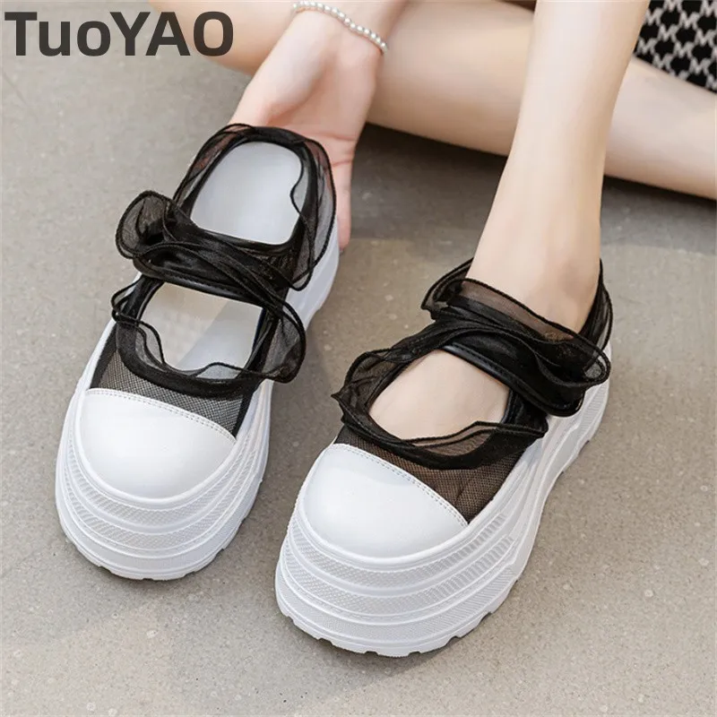 

Кожаные дышащие сандалии из сетчатой воздушной сетки 8 см, тапочки на плоской подошве с круглым носком, высокая женская обувь без шнуровки на платформе, на танкетке