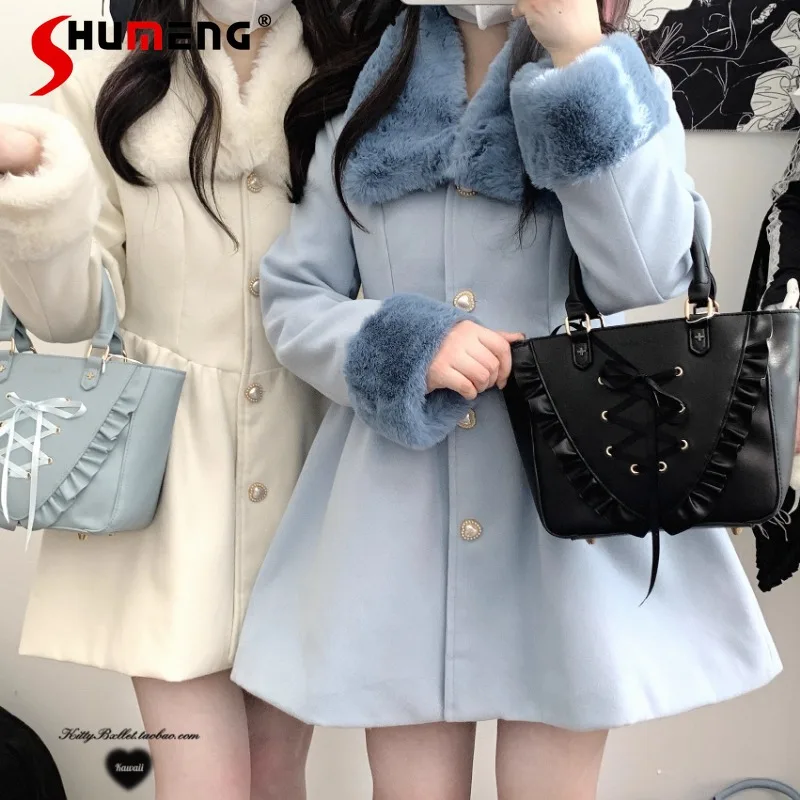 New Japanese Rojita Sweet Elegant Long Sleeves Furry Jacket Removable Woolen Collar Mine Series Tie Imitation Tweed Coat Dress