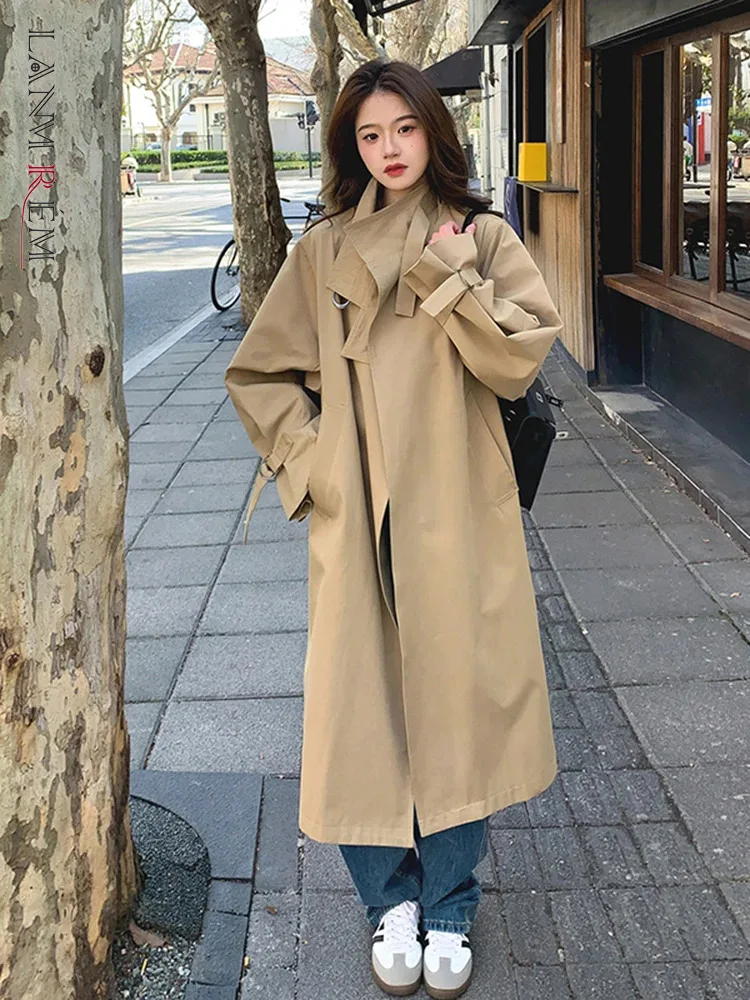 LANMREM Fashion Vintage Irregular Trend Women's Lapel Long Sleeves Solid Color Minimalism Windbreaker 2024 Autumn New 2Z2403