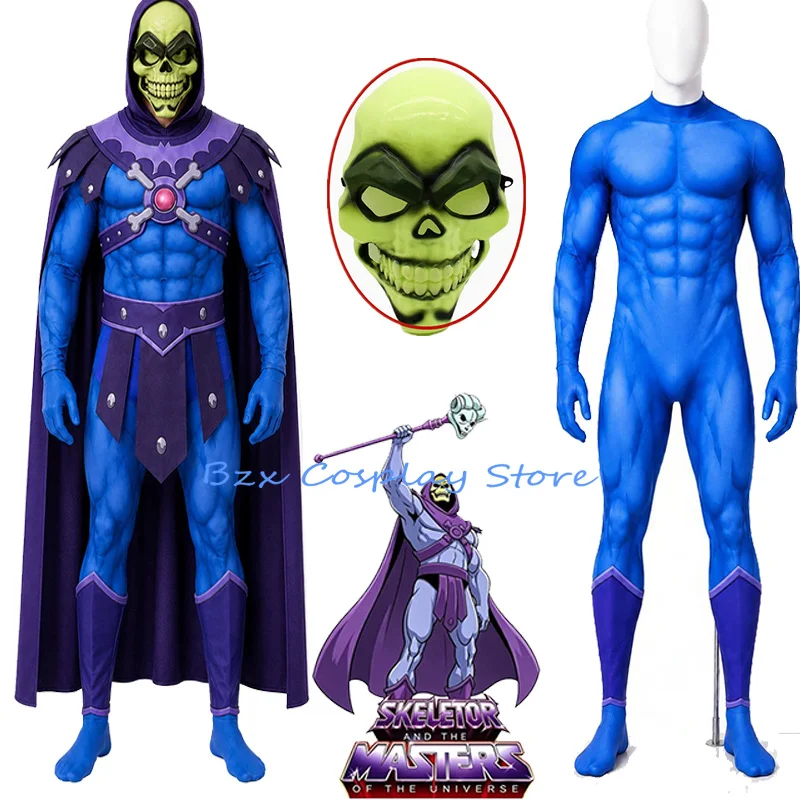 Disfraz de Cosplay de Rey Skeletor del Universo Anime para Hombre, Traje de Cosplay con Calavera Gris, Conjunto de Máscara y Capa para Hombre, Atuendo para Juego de Halloween