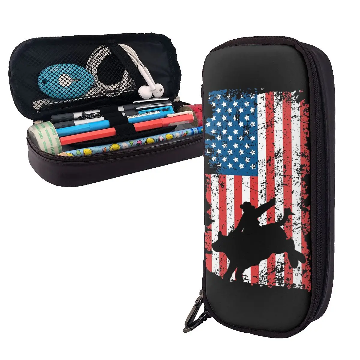 Bull Rider, Rodeo, American Flag Leather Pencil Case Pen Holder Storage Stationery Supplies Pen Box Pencil Bag for Kids School