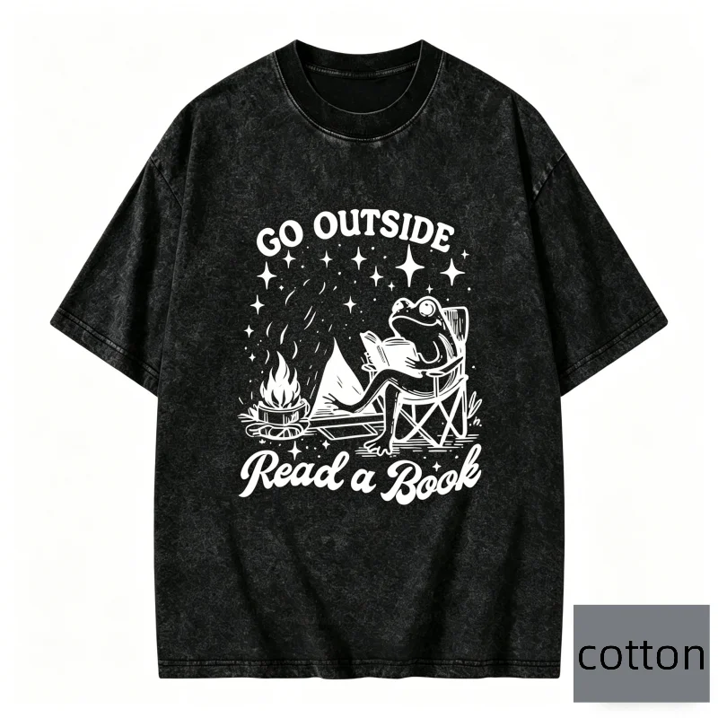 Vintage Washed Cotton T-shirt Men Women Camping Frog Reading Graphic Tee Short-sleeved Oversized Top for Women Men Versatile