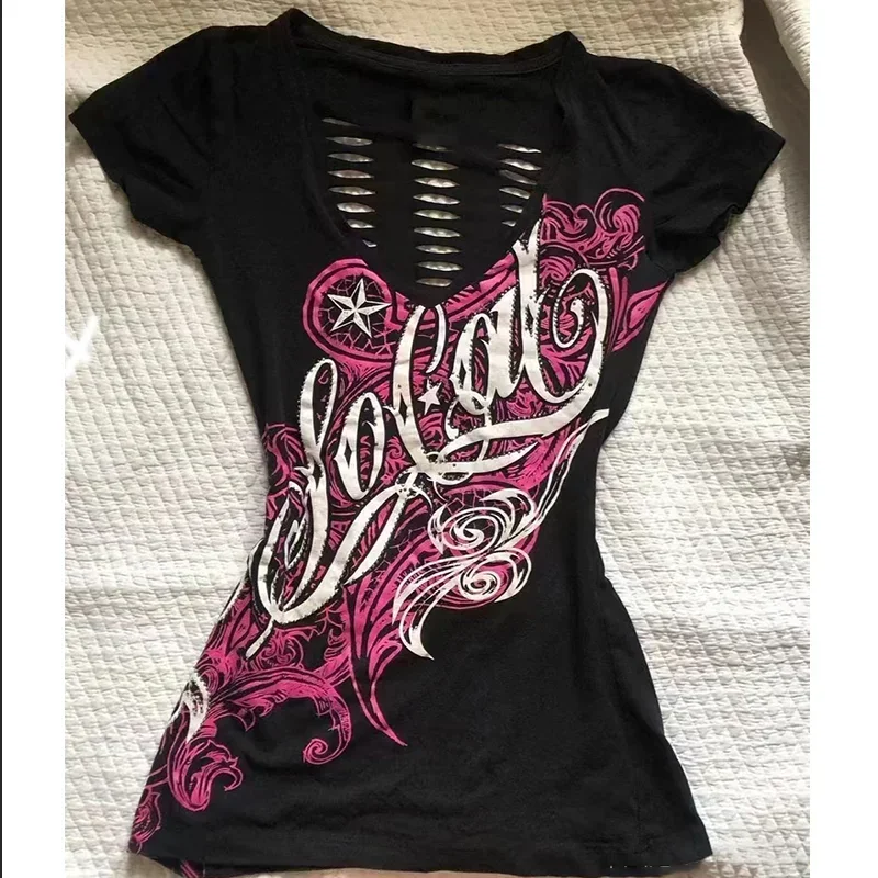 Czarna litera Goth seksowna gotycka koszulka z grafiką Vintage damska odzież z lat 90. Y2k krótki top Streetwear t-shirty subkultura Tees Punk