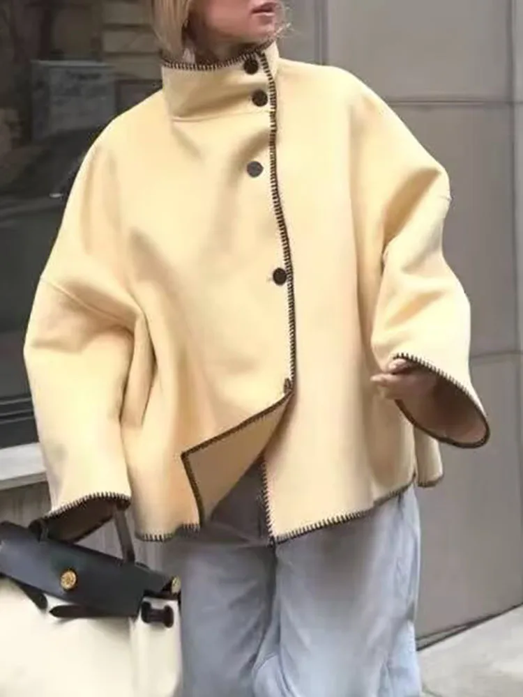 

High Street карманная модная верхняя одежда осень-зима женская однобортная куртка с воротником-стойкой простое однотонное свободное пальто с длинными рукавами