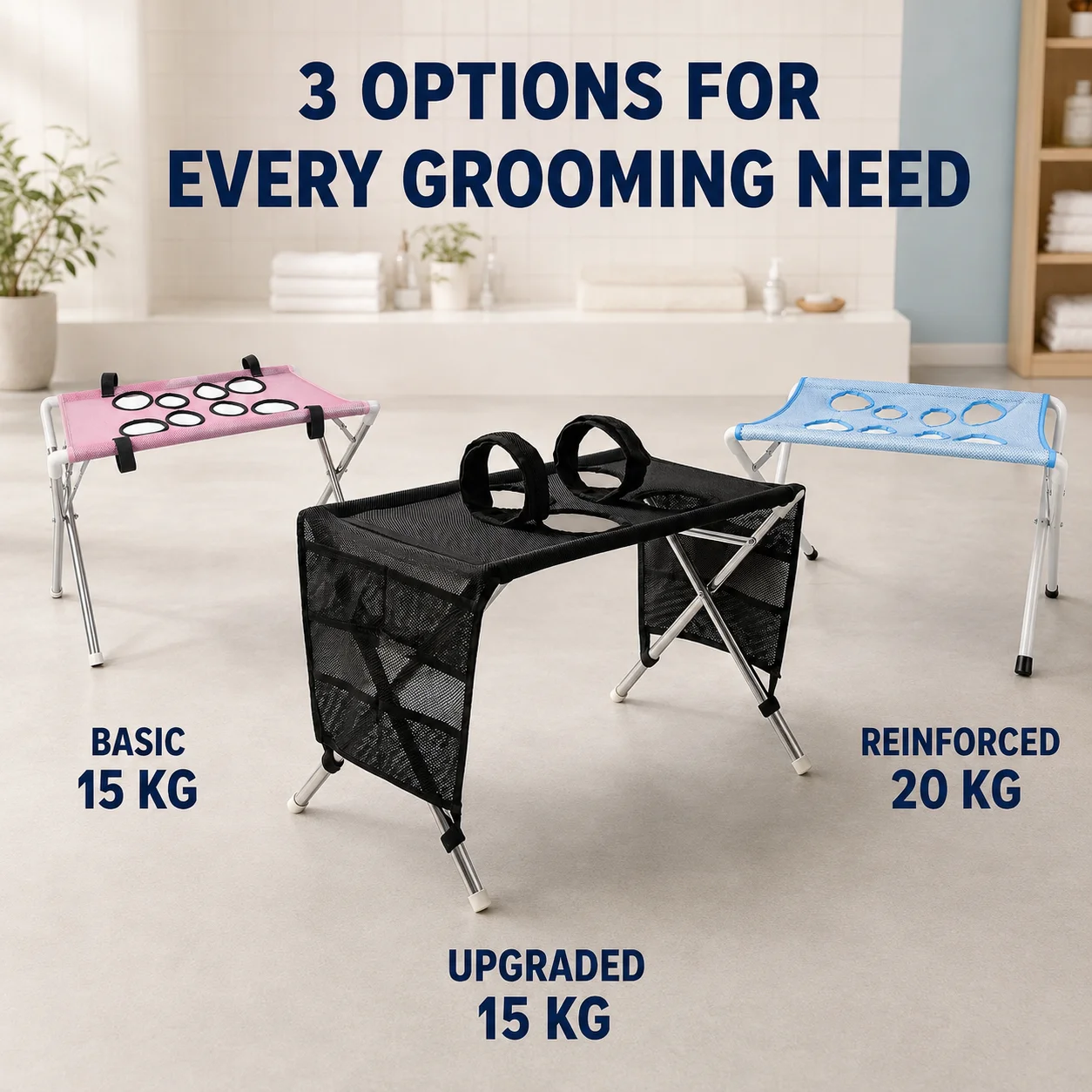 Dog Grooming Table Foldable Pet Bathing Support Stand Mesh Washing Station with Four Leg Holes and Storage Pockets for Dogs