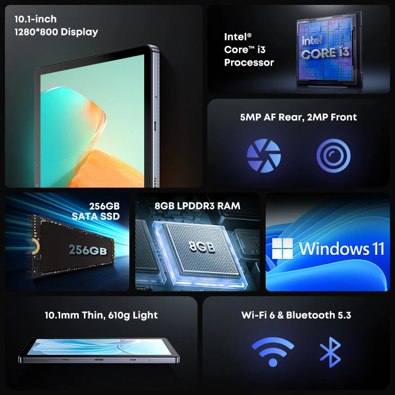 CHUWI Hi10 X1/X2 Tablet 2 w 1 z 10,1-calowym ekranem, procesorem Intel N150/i3-10100Y, 8 GB pamięci RAM LPDDR5, 256 GB dysku SSD i systemem Windows 11. — zdjęcie produktu 3