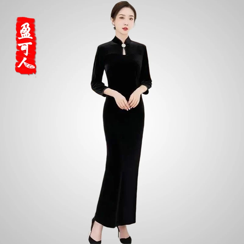 

Женское улучшенное платье-ципао из золотистого бархата больших размеров для осени и зимы