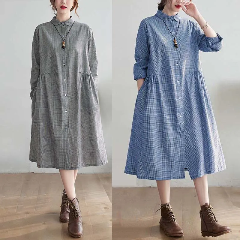 فستان ربيع وخريف جديد عتيق فضفاض من القطن والقنب بياقة مربعة وأكمام طويلة للنساء، فساتين قميص متوسطة إلى طويلة