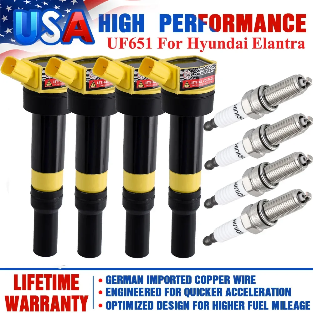 Carbole 4 Ignition Coil And Platinum Spark Plug for Kia Soul Forte Hyundai Elantra UF651