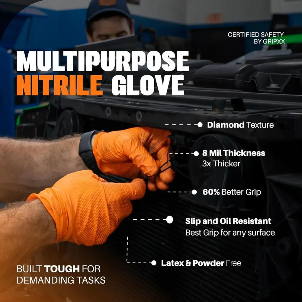 Heavy-Duty 8Mil Orange Nitrile Gloves with 3D Diamond Texture, Latex-Free and Powder-Free, Medium Size for Industrial and Mechan