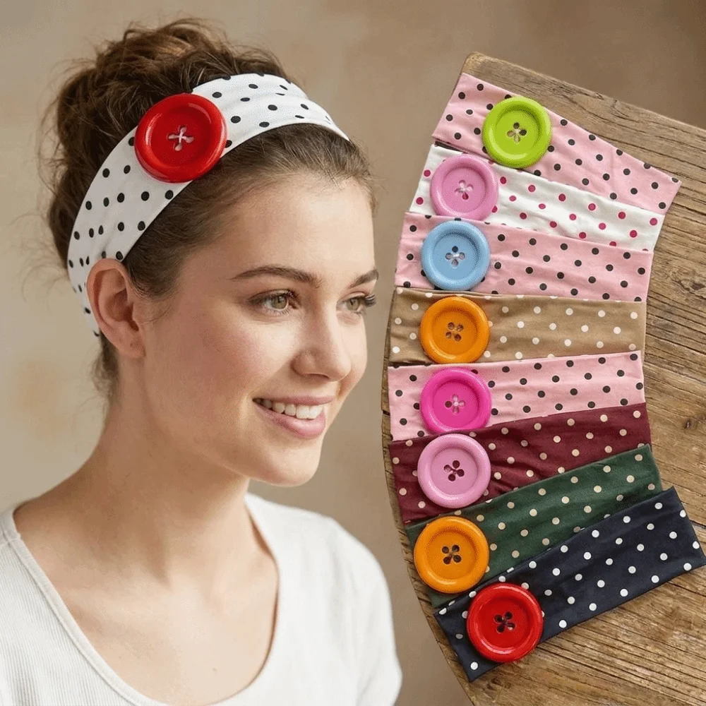 Wide Polka Dot Headband Large Button Dopamine Color Elastic Head Wrap Sweat-absorbent Adjustable Yoga Hairband Workout