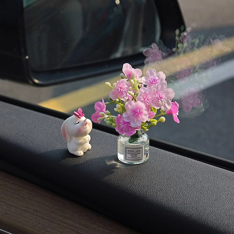 Cute Rose Flower Vase And Rabbit Car Interior Decoration Ornaments Auto Center Console Decoration Gadgets For Car Accessories