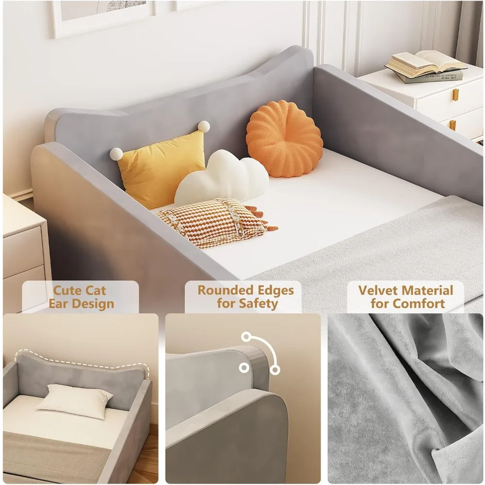سرير طفل صغير على طراز مونتيسوري مع آذان حيوانات، سرير خشبي منجد مخملي ناعم للرضع مع حاجز حماية آمن