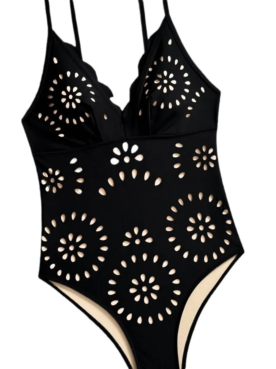 2025 Summer V Neck Women's Solid Color Knit One-Piece Swimsuit Sexy Hollow Out Bodysuit Swimsuit Holiday Bathing Suit Female