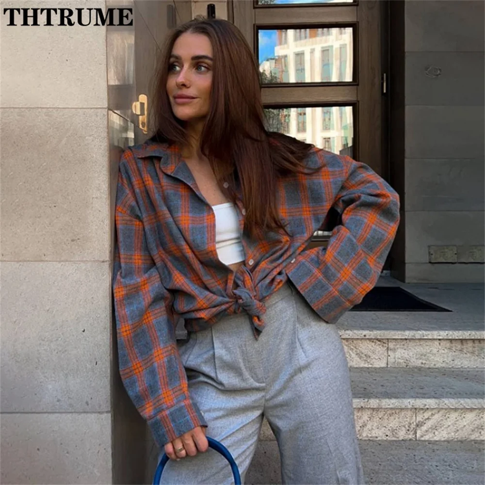 Vintage Women Y2K Shirts Fashion Long Sleeve Oversized Plaid Autumn Korean Button Shirt Streetwear Casual Korean Lapel Blouses