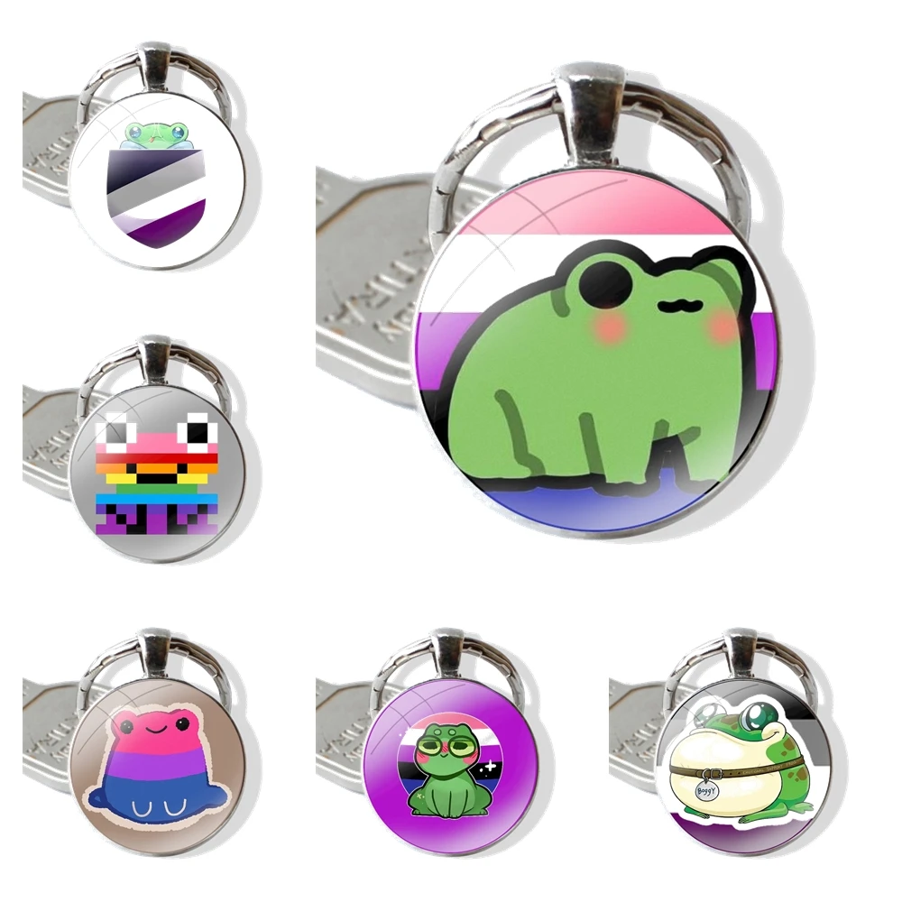 Genderfluid Pride Froggy Frog Keychain Handmade Glass Cabochon Key Ring Holder Pendant Key Chains