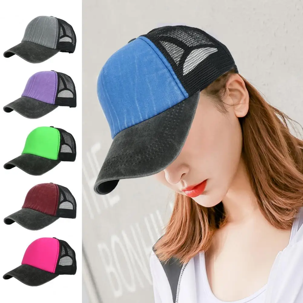 Women Mesh Baseball Hat Hollow Breathable Adjustable Contrast Color Lightweight Sun Anti UV Lady Outdoor Travel Hat