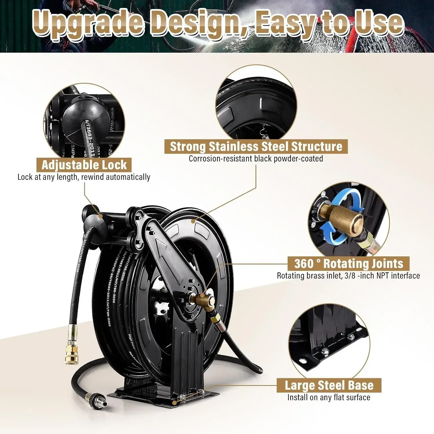 Pressure Washer Hose Reel, Double Arm 3/8 In X 50 Ft Retractable Pressure Washer Reel, Auto Rewind Heavy Duty Steel Professional