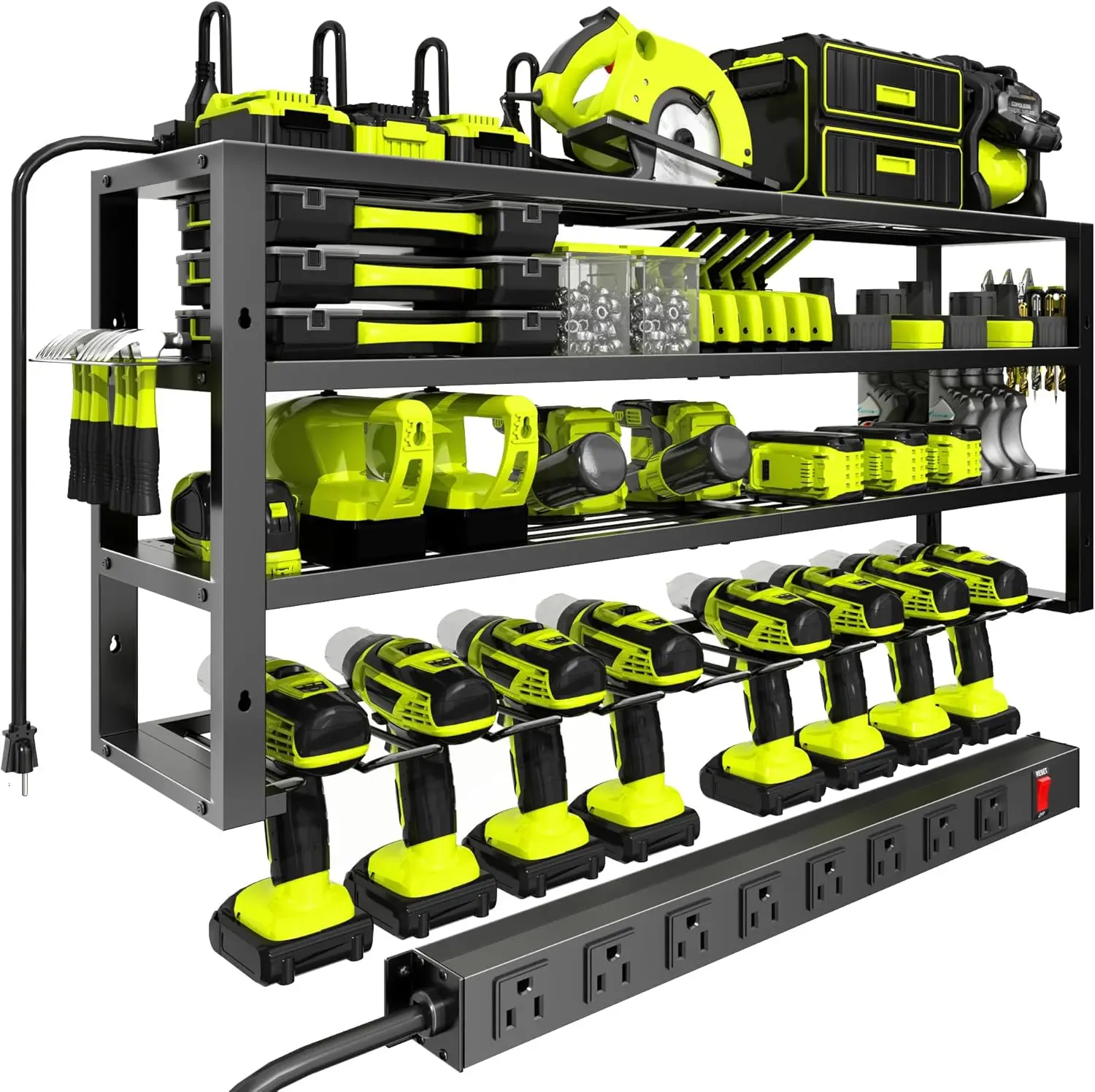 

Heavy Duty Wall Mount Tool Organizer with Charging Station, 8 Outlet Power Strip, 4 Layers Drill Holder for Garage Storage