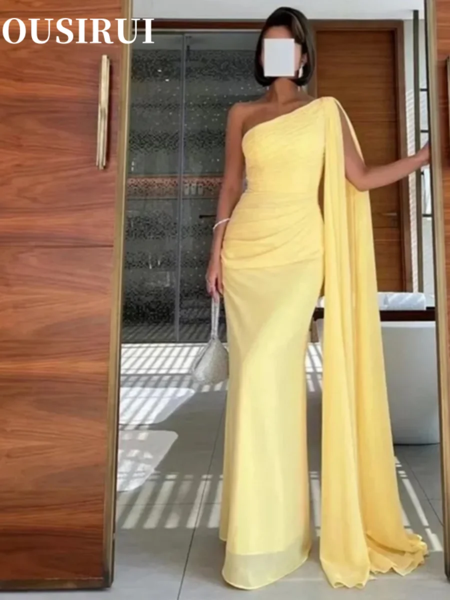 OUSIRbiomOne-Robe de Soirée Sirène Jaune en Mousseline de Soie pour Femme, Vêtement de Bal, Longueur au Sol